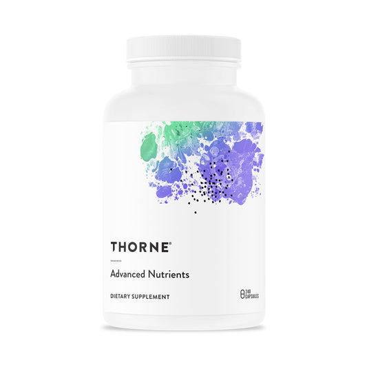 Thorne Advanced Nutrients multivitamin bottle close-up with label indicating quality