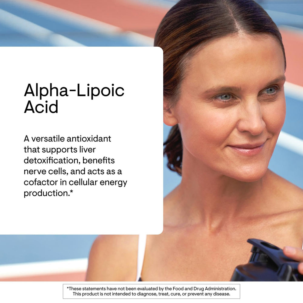 Label design on THORNE Alpha-Lipoic Acid bottle highlighting premium quality.