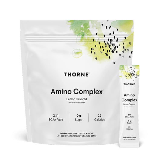 THORNE Amino Complex Lemon powder in a jar supports daily recovery