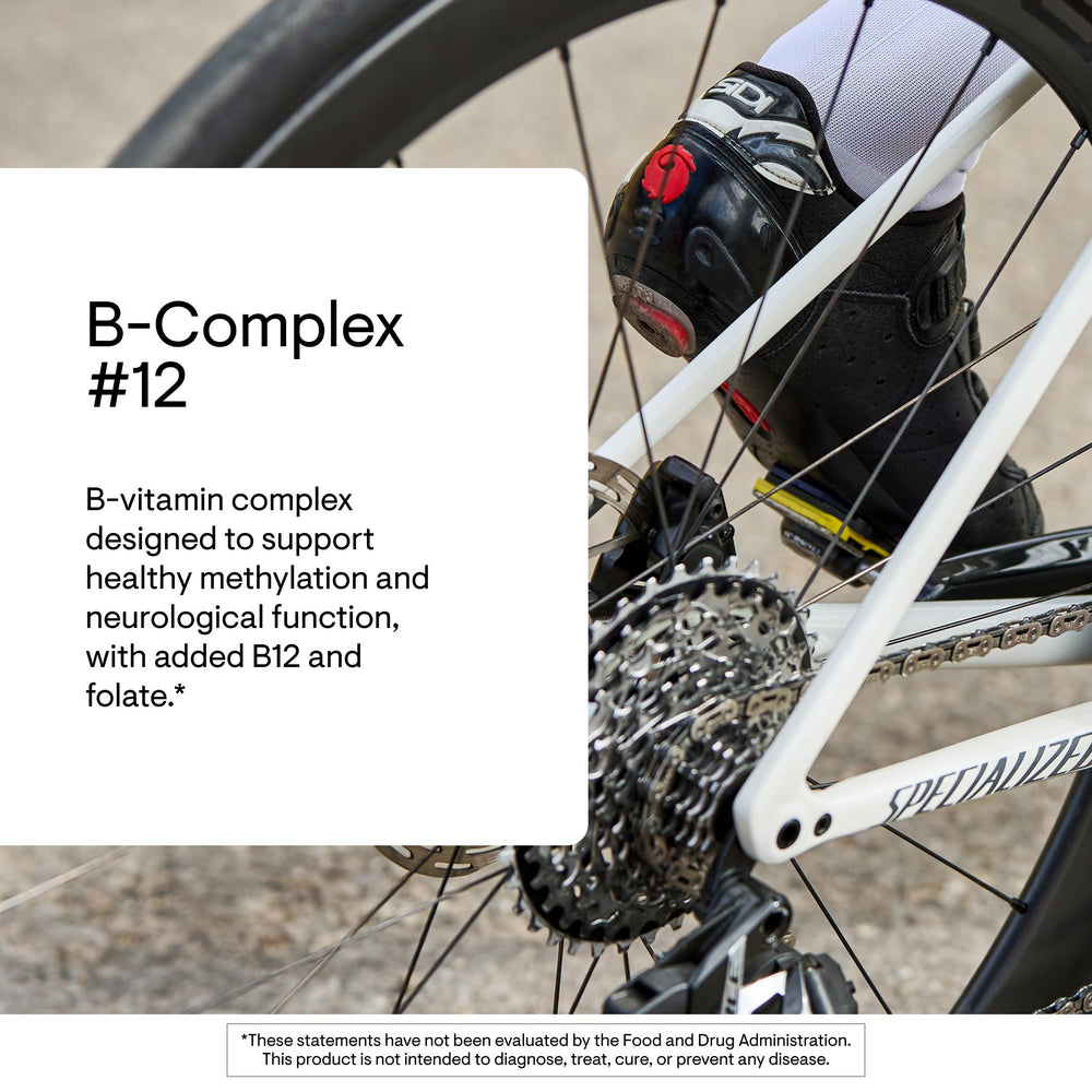 THORNE B-Complex #12 label detail showing eight B vitamins and B12 for absorption