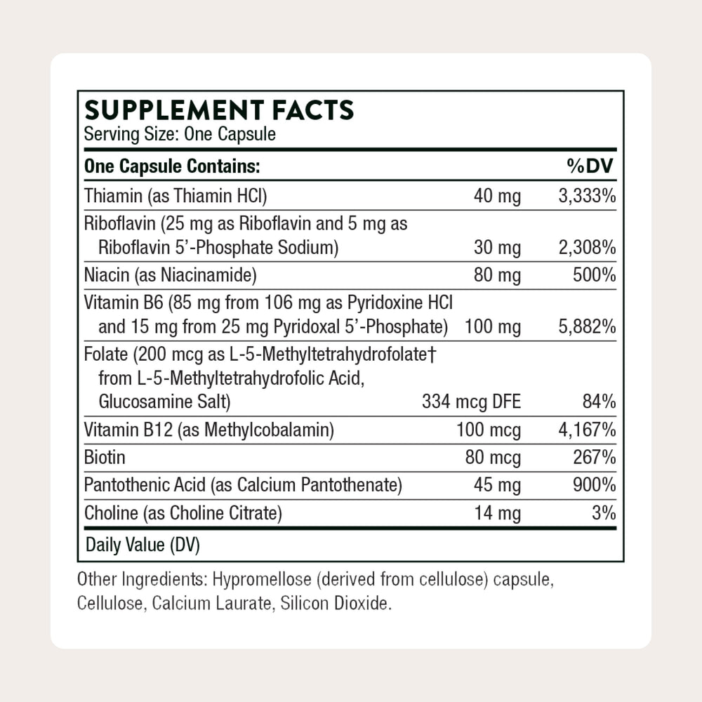 THORNE B-Complex #6 bottle back listing choline and active B vitamins for focus.