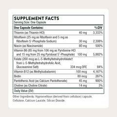 THORNE B-Complex #6 bottle back listing choline and active B vitamins for focus.