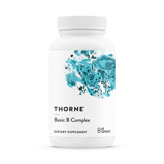 THORNE Basic B-Complex bottle front shows complete B vitamin formula for energy support
