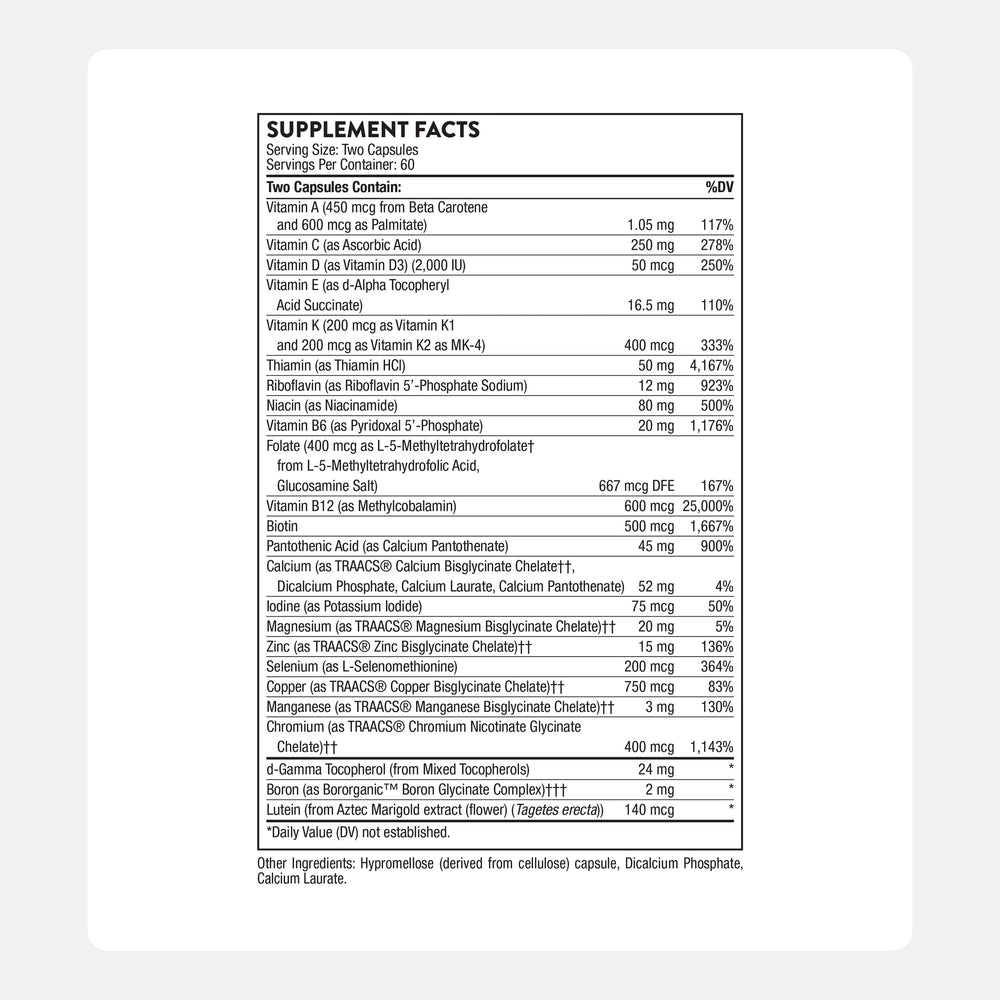 THORNE Basic Nutrients capsules closeup emphasizing compact size and easy intake.