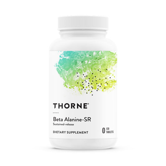 THORNE Beta Alanine Sustained Release bottle shown, smooth energy support during workouts.