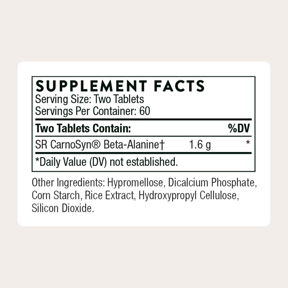 THORNE Beta Alanine Sustained Release tablets close-up with gentle release and steady energy.