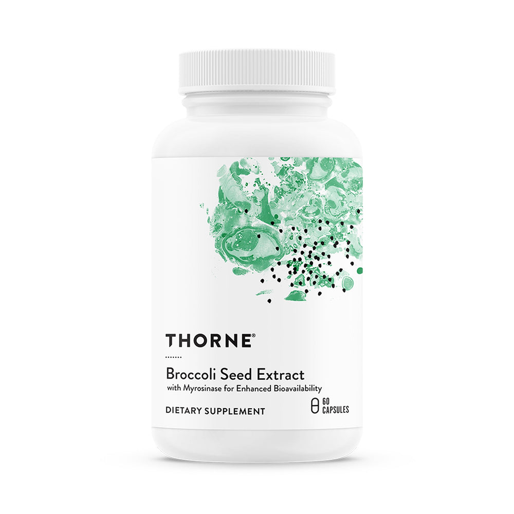 THORNE broccoli seed extract bottle label highlights SGS for antioxidant support.