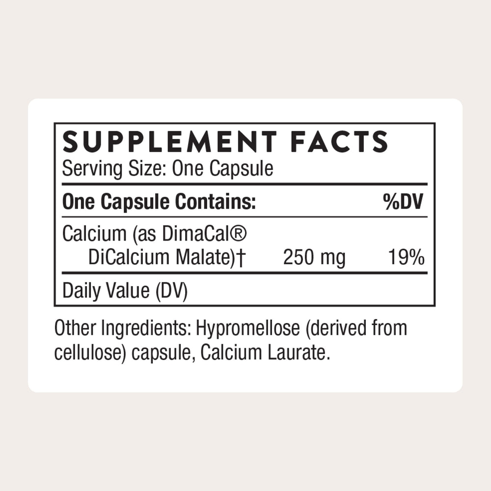 THORNE Calcium with DimaCal bottle back detailing ingredients and allergen-free profile