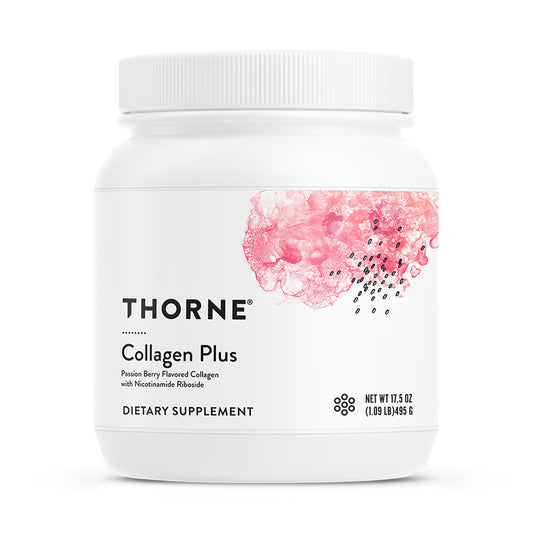 THORNE Collagen Plus bottle label showing ingredients and certification for peace of mind