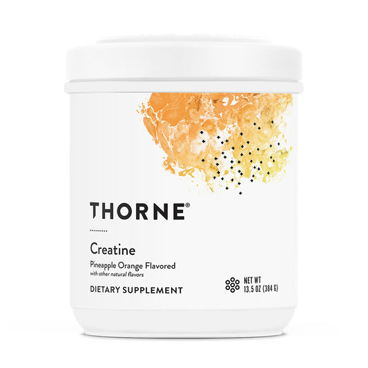 THORNE Creatine powder bottle with pineapple orange label supports lean muscle and energy.