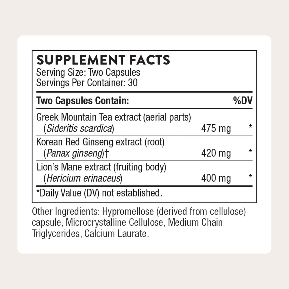 Closeup of THORNE Ginseng Plus capsules indicating compact, easy-to-take support for concentration.