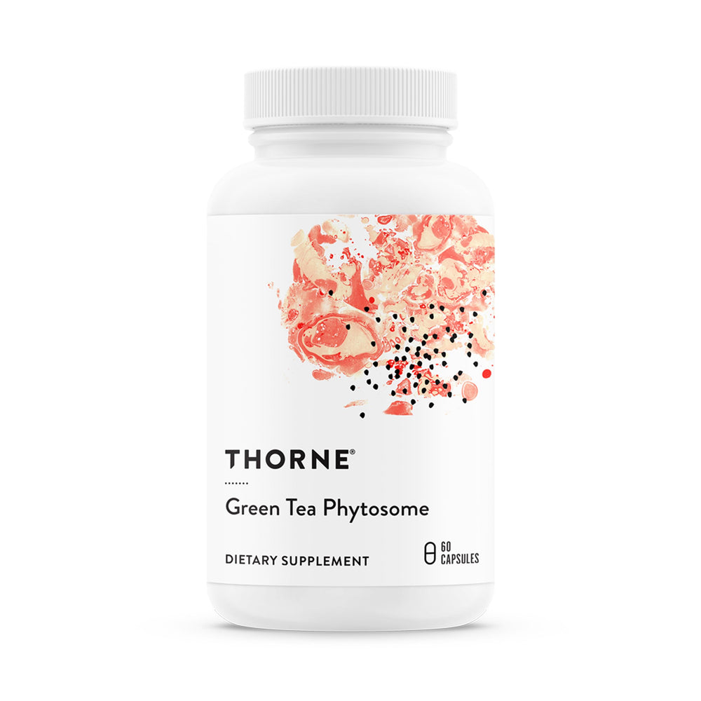 Thorne Green Tea Phytosome bottle front showing caffeine-free profile and potential antioxidant support.