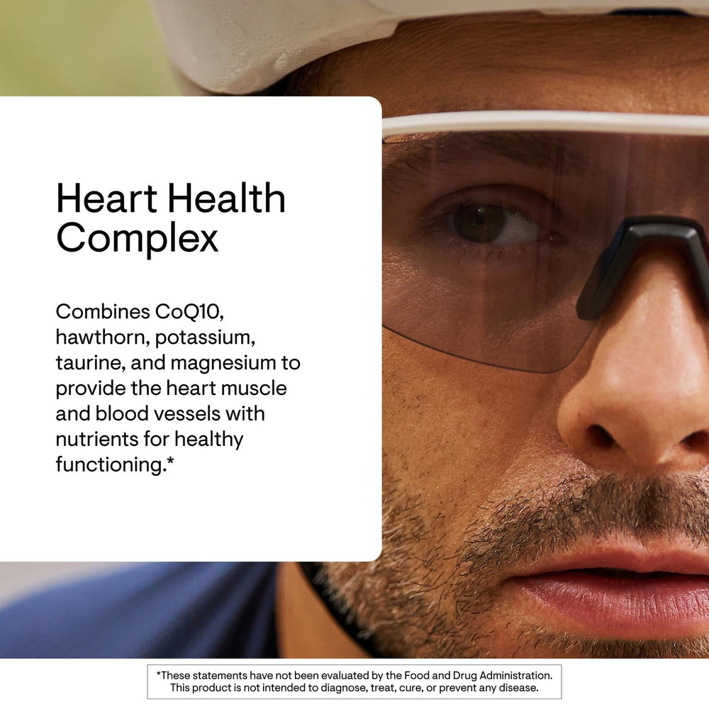 Thorne Heart Health Complex label shows CoQ10 and minerals for heart wellness.