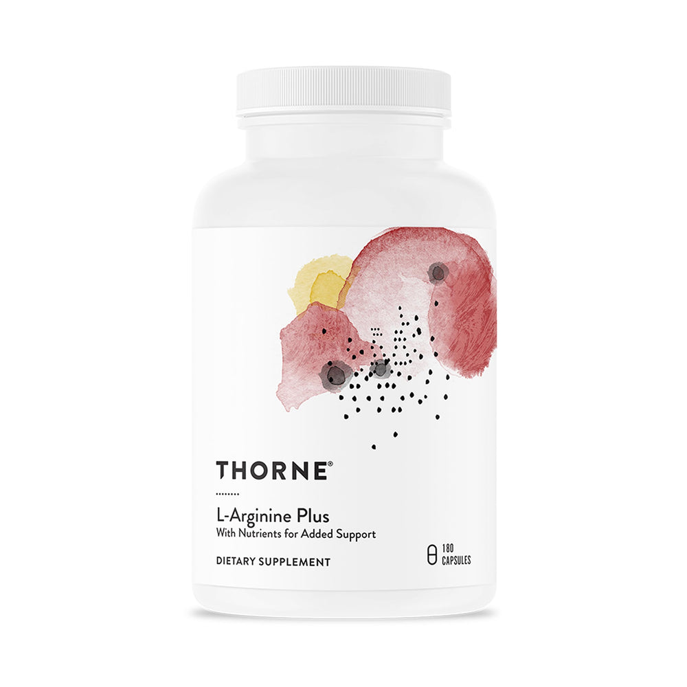 THORNE L-Arginine Plus bottle and pour supporting healthy blood flow.