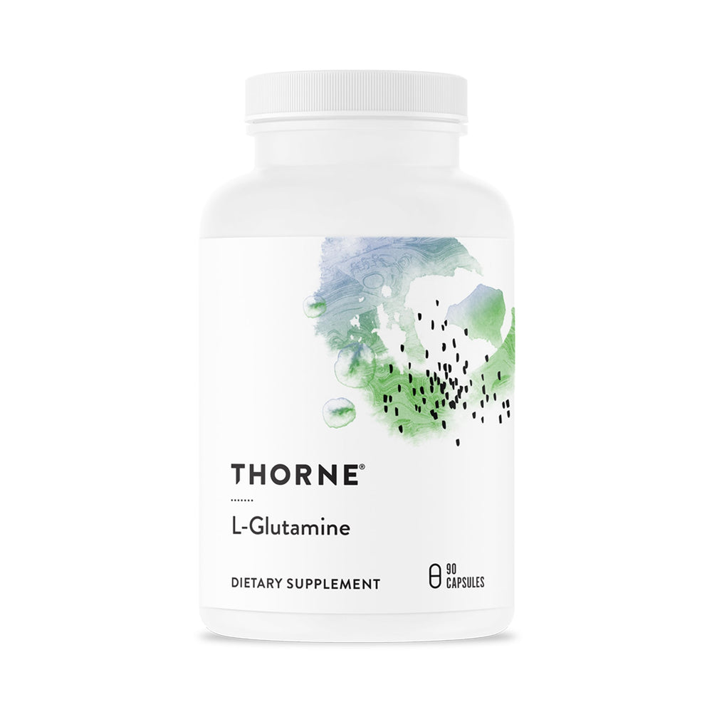 THORNE L-Glutamine bottle front label highlights GI health and immune support.
