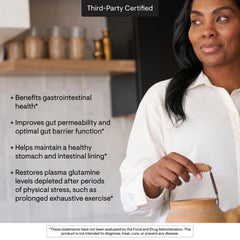 THORNE L-Glutamine packaging shows third-party certification for purity.
