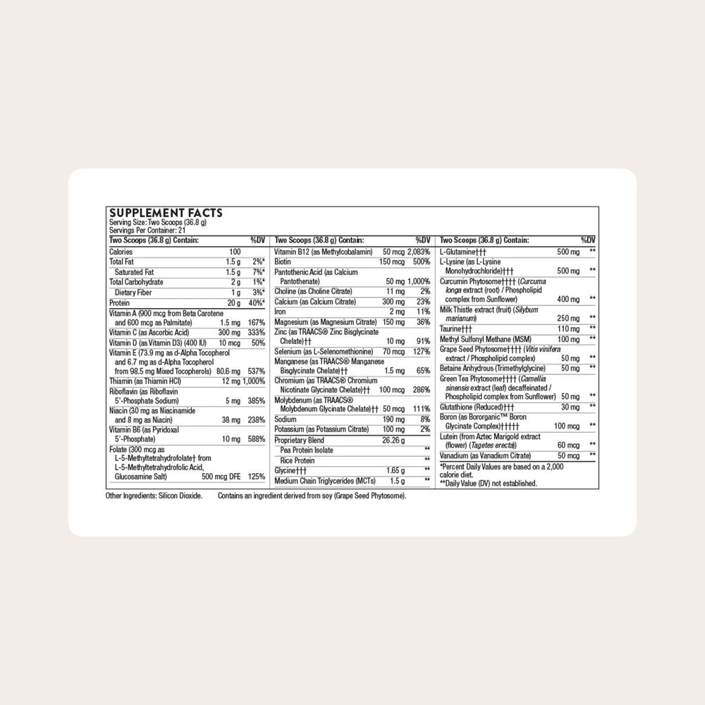 THORNE MediClear Plus label close-up highlighting ingredients for daily supplementation