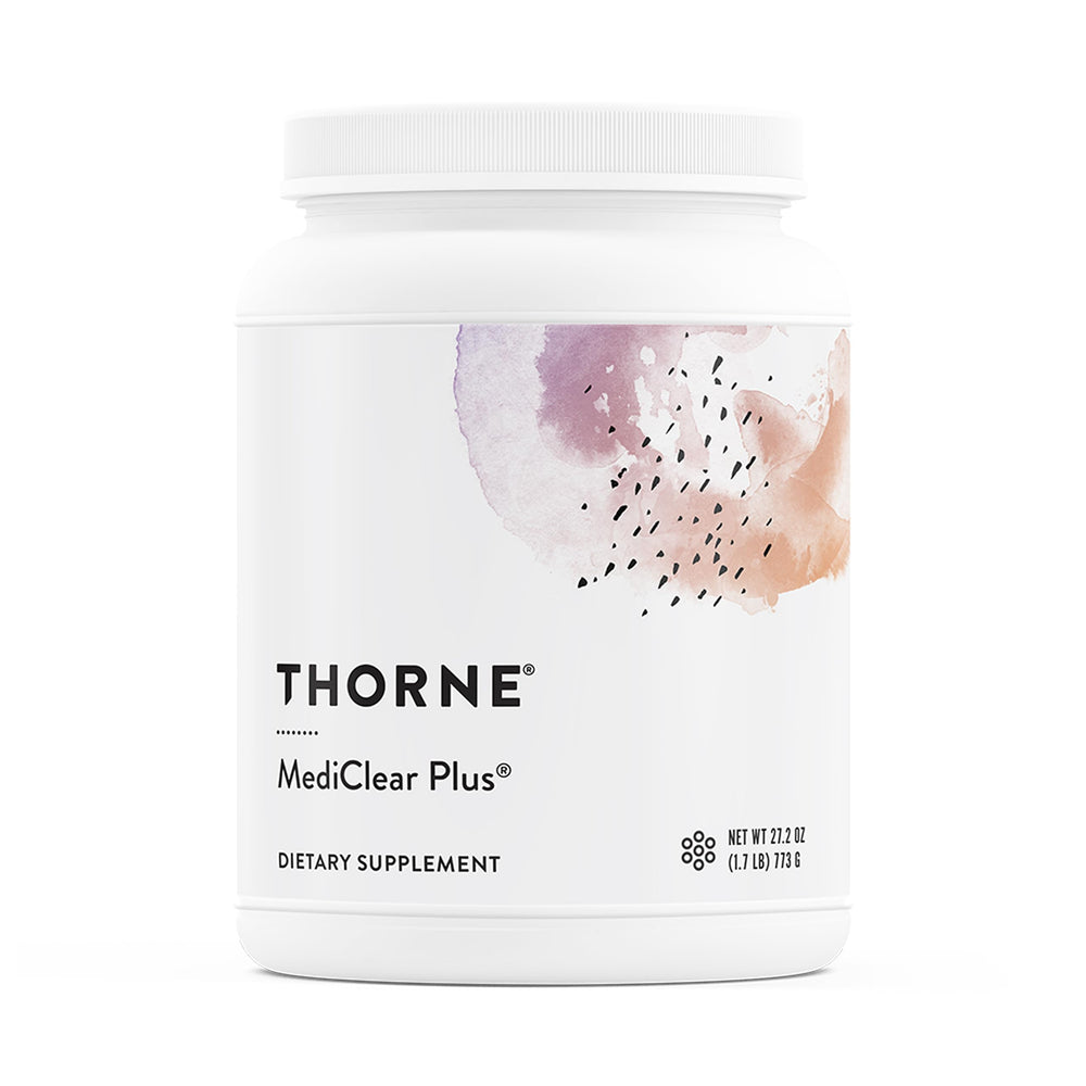THORNE MediClear Plus tub front showing complete multivitamin profile for daily nutrition