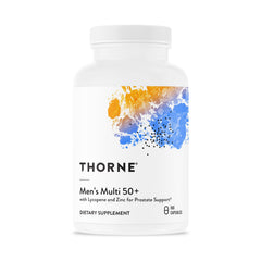 THORNE Men's Multi 50+ bottle front shows complete daily nutrients for mature men.