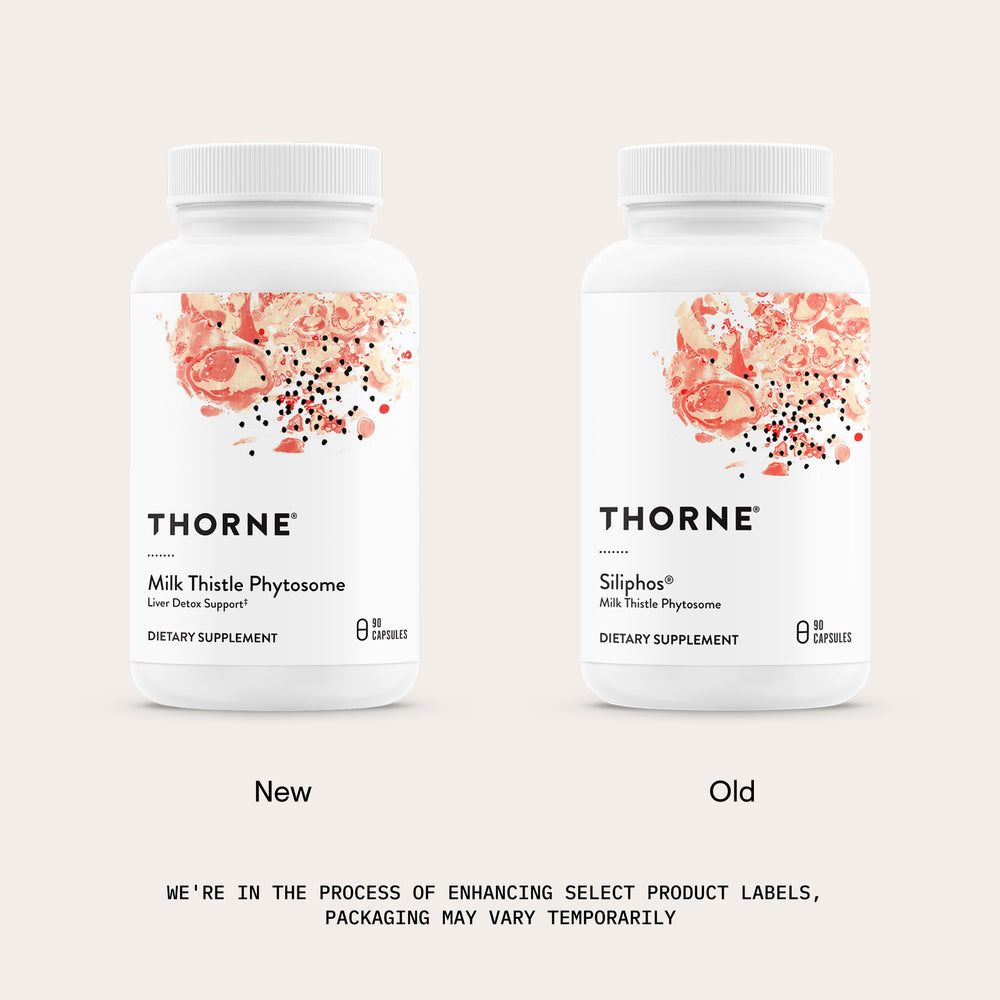 THORNE Milk Thistle Phytosome label closeup highlighting certification and ingredients