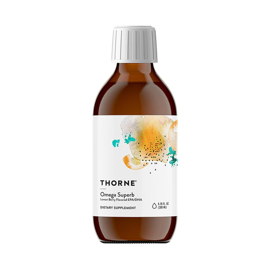 THORNE Omega Superb lemon-berry bottle with an easy dosing cap