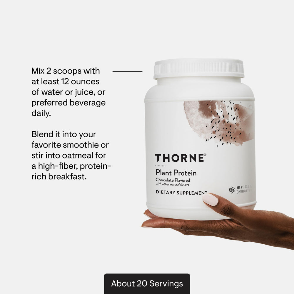 THORNE plant protein chocolate serving setup with shaker and scoop for easy protein intake