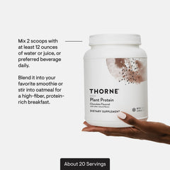 THORNE plant protein chocolate serving setup with shaker and scoop for easy protein intake