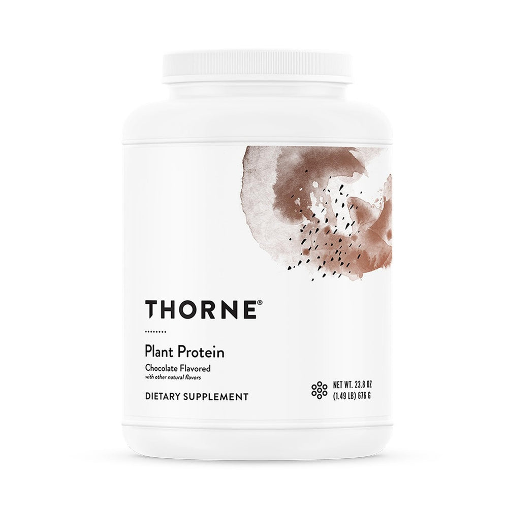 THORNE plant protein chocolate tub displaying complete amino acid profile for daily muscle support