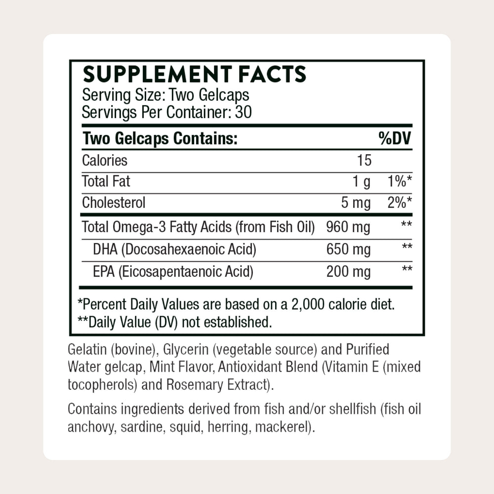 Thorne Prenatal DHA bottle back with supplement facts and ingredients