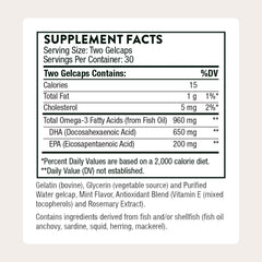 Thorne Prenatal DHA bottle back with supplement facts and ingredients