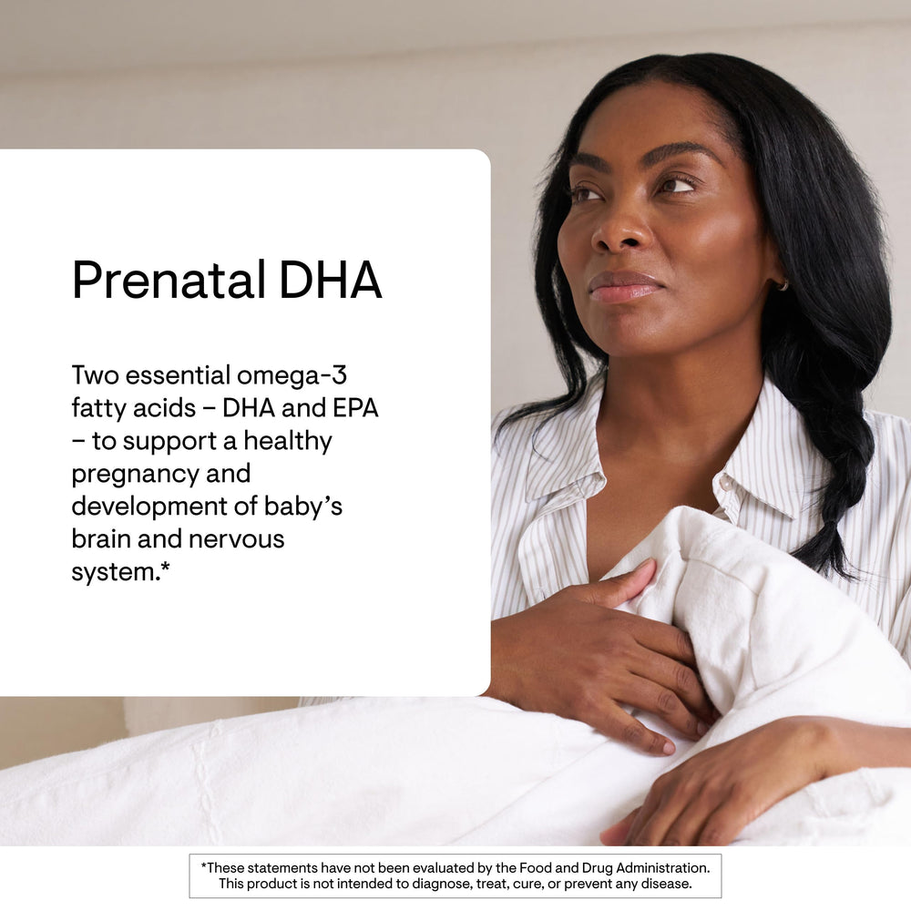 Thorne Prenatal DHA bottle label close-up showing DHA and EPA details