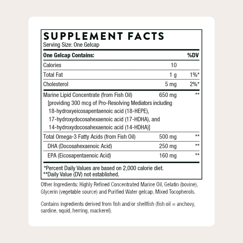 THORNE Pro-Resolving Mediators gelcaps close-up highlighting EPA and DHA