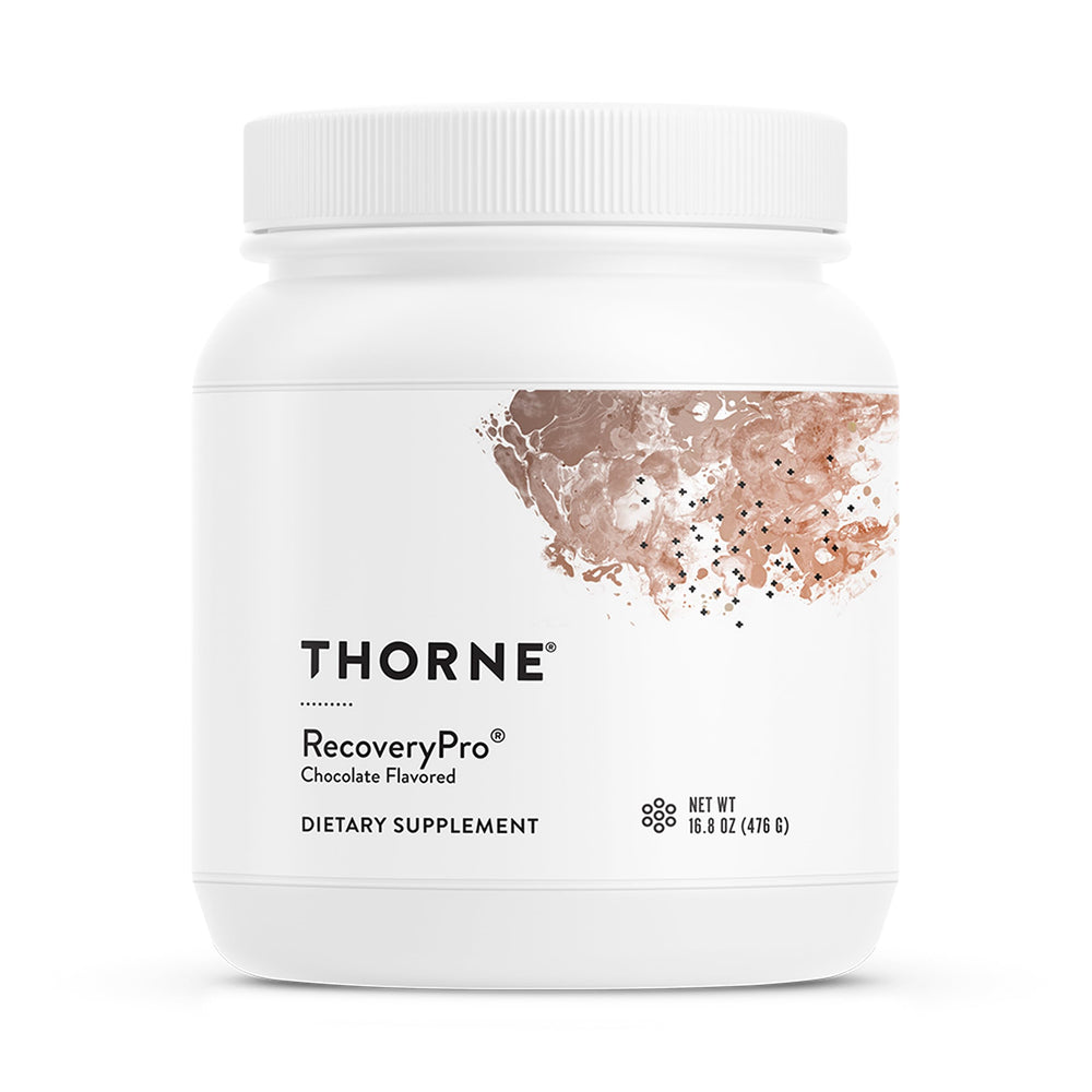 THORNE RecoveryPro whey protein bottle for post-workout recovery and daytime energy.