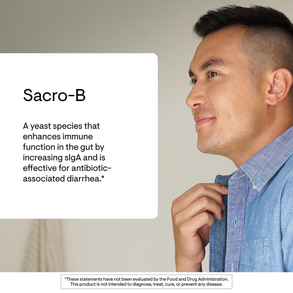 Capsules from THORNE Sacro-B Probiotic on a clean surface.
