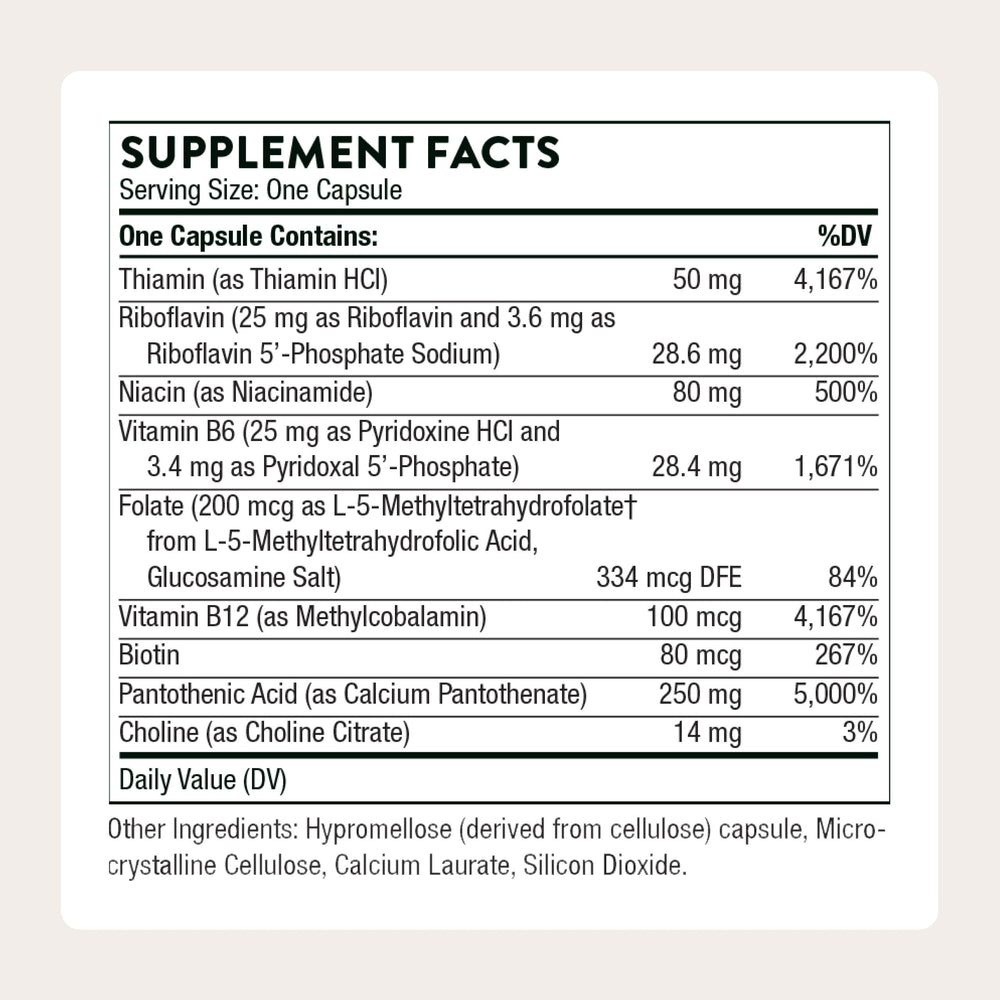 THORNE Stress B-Complex capsules closeup highlighting bioavailable B vitamins for energy.