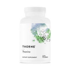THORNE Theanine bottle and label highlight 200 mg for relaxation and focus.