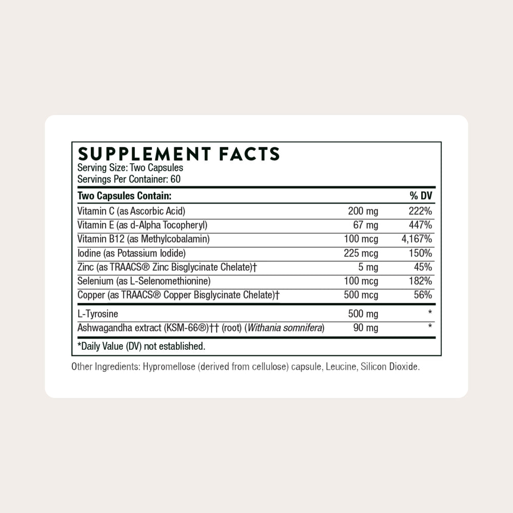 THORNE Thyroid Health Complex bottle side view with capsules for daily thyroid support.