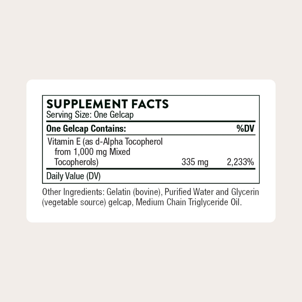 Thorne Ultimate-E gelcaps close-up highlighting mixed tocopherols