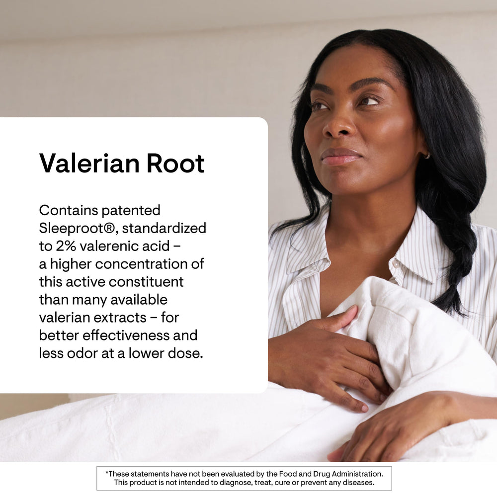 Label shows valerian extract strength for efficient nightly support.