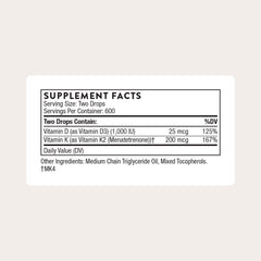 THORNE vitamin d-k2 bottle label highlights D3 and K2 for bone support.