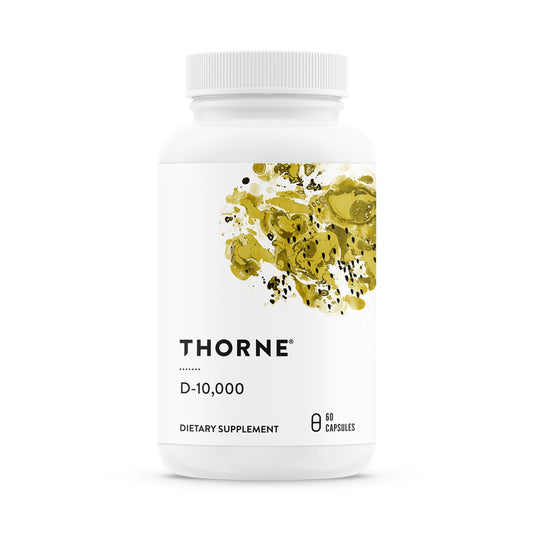 THORNE Vitamin D3 supplement bottle showing 10,000 IU dosage for bone support.