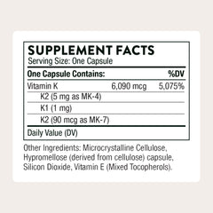 Thorne Vitamin K label closeup shows K1, MK-4 and MK-7 blend for comprehensive support.