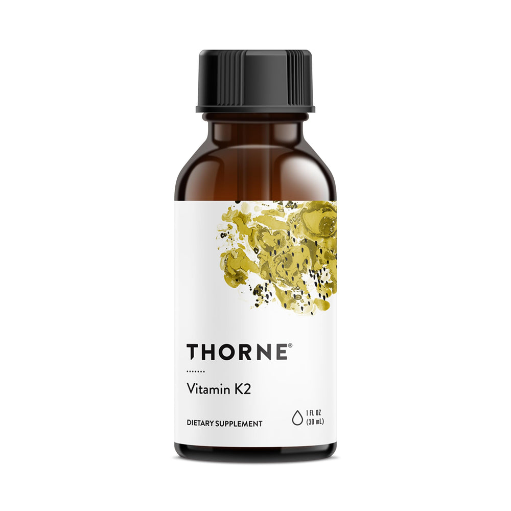 THORNE Vitamin K2 Liquid bottle closeup highlighting premium packaging and ingredient clarity.