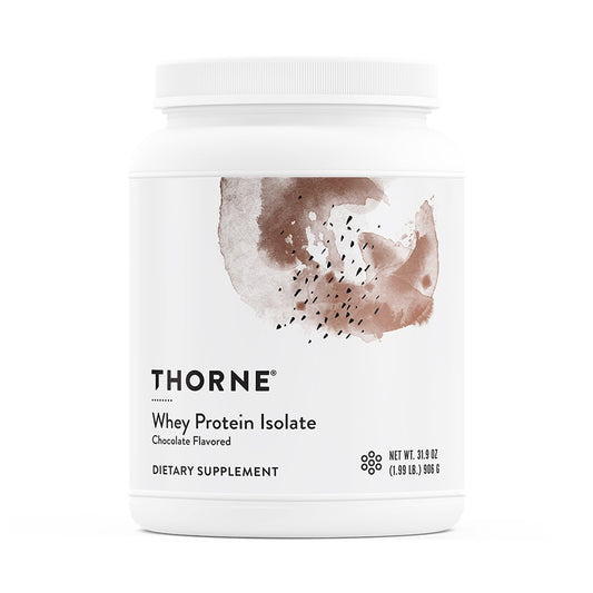 THORNE Whey Protein Isolate chocolate tub shown for post-workout fueling.