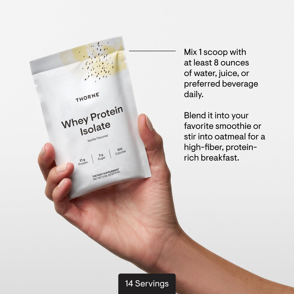 THORNE nutrition facts panel emphasizes 100 calories, low sugar, and minimal fat.