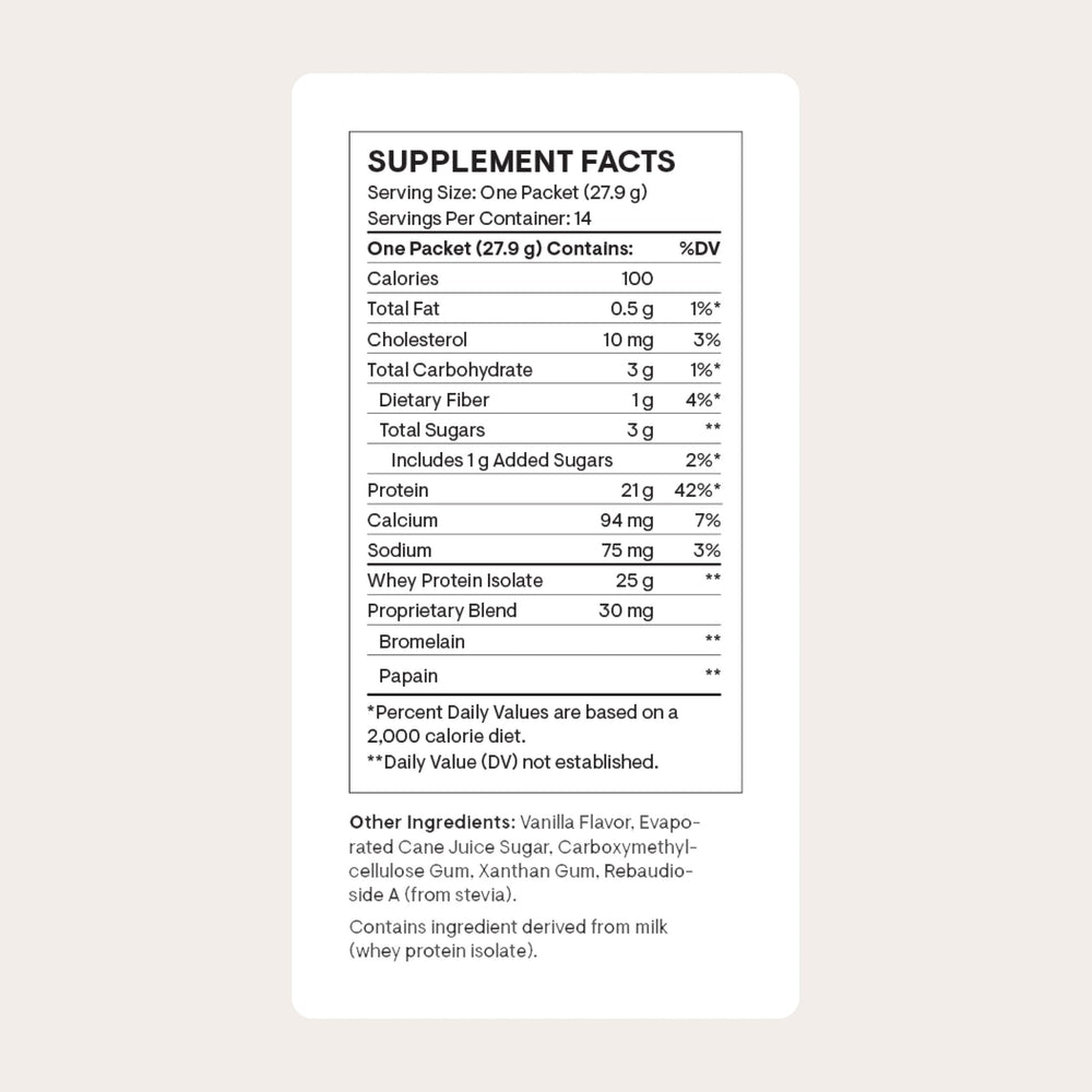 THORNE whey protein isolate vanilla scoop image shows convenient 21 g protein per serving.