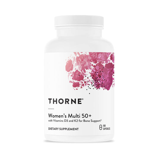 THORNE Women's Multi 50+ bottle front with capsules for bone and immune support