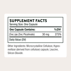 Thorne Zinc Picolinate 30 mg capsules back view showing dosage information.