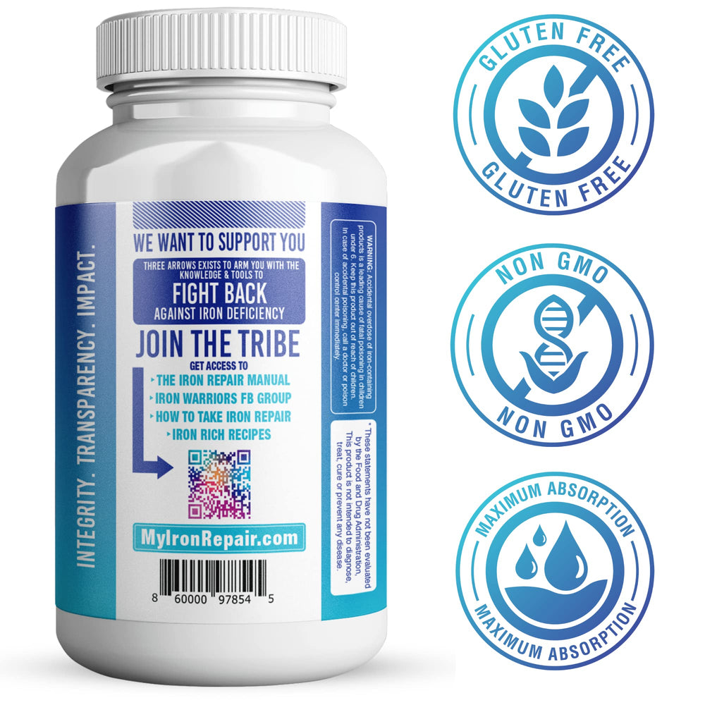 Three Arrows Iron Repair capsules pictured to convey gentle on stomach formulation.
