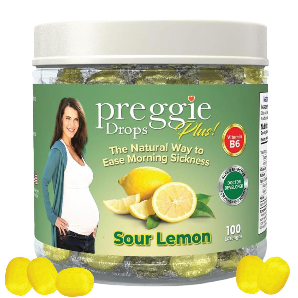 Three Lollies Preggie Drops Plus bottle showing refreshing sour lemon flavor and convenient packaging